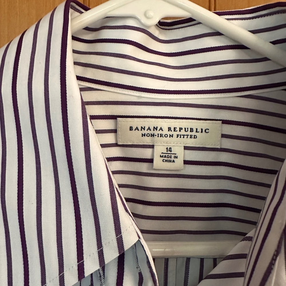 Banana Republic Women 14 Non-Iron Career Crisp Purple Striped Button Down Shirt